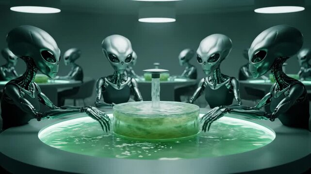 Grey aliens with metallic bodies interacting with a glowing green liquid in a futuristic laboratory, focusing on a biotechnology experiment or a cloning process for creating synthetic life