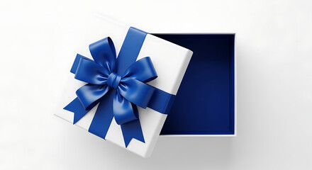 Open wWhite gift box with blue ribbon and bowhite gift box with blue ribbon and bow