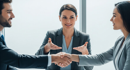 Female lawyer mediating business handshake