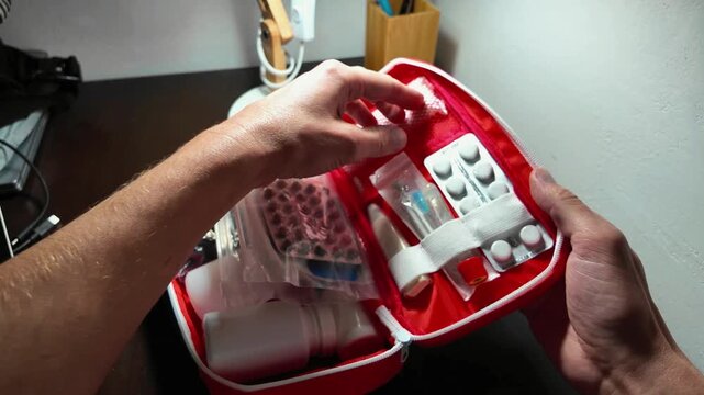 Careful medicine tab counting, Systematic arrangement of medication in first aid kit for safety, White hands meticulously inspecting blister packs for proper medication management at home