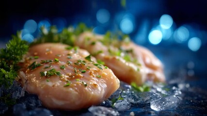 Fresh raw chicken fillets displayed on ice, focus on smooth texture and natural color, creamy bokeh background conveying professional food photography aesthetic