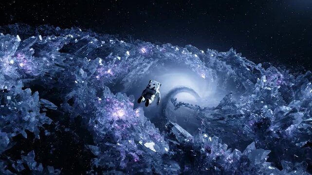 Astronaut navigating through a surreal cosmic landscape featuring a massive crystal galaxy structure with twinkling light accents, orbiting a luminous black hole or wormhole in deep space