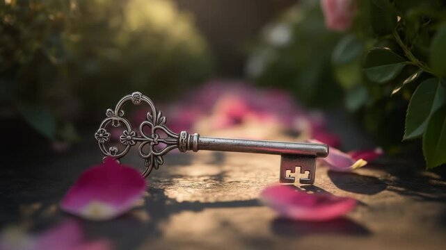 Ornate antique key amidst rose petals and foliage, soft focus, warm light