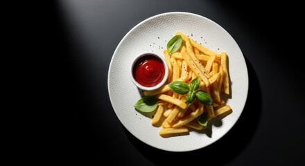 Delicious golden french fries served with a side of bright red ketchup and fresh green basil leaves on a white plate