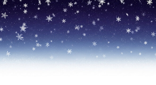 Illustration of white snowflakes falling against a gradient blue background, representing winter, cold, and festive season, evoking a holiday spirit - Powered by Adobe