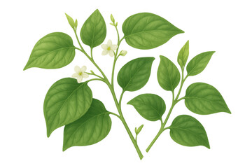 Naklejka premium Pepper plant illustration with green leaves and small white flowers. Creating botanical decor and fresh natural designs