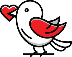 Simple bird carrying a red heart on its beak isolated on white background