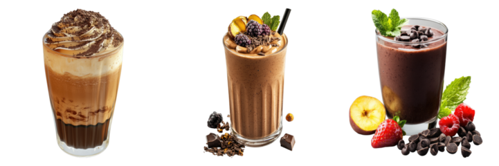 Three glasses of refreshing chocolate drinks, each adorned with distinct toppings, presented in a delightful arrangement. A visual treat for all!