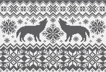 Naklejka premium Wolf jacquard knitted pattern for ugly sweater design. Vector illustration.