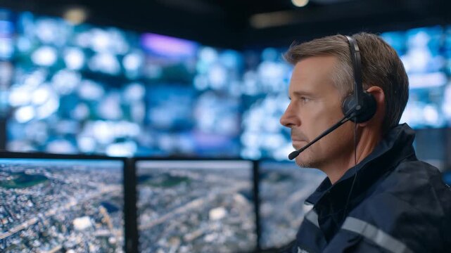 Government surveillance officer with headset interacting with real-time monitoring systems, rows of monitors displaying maps, signals, and tactical data