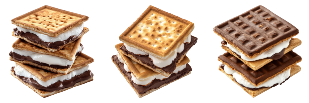 Close-up shot of delicious and appetizing s'mores, showcasing the ingredients of graham crackers, melted chocolate, and marshmallows