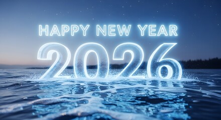 Glowing neon blue happy new year 2026 text and numbers emerging from rippling water under a starry night sky