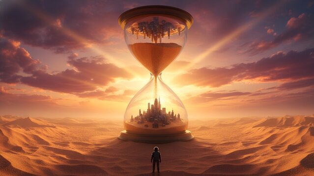 Conceptual Image of a City in an Hourglass Standing in a Desert at Sunset, Symbolizing Time.