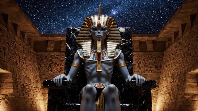 Alien king in pharaoh headdress sitting on an ancient egyptian throne under a starry night sky, blending ancient civilization with extraterrestrial mystery and occult themes