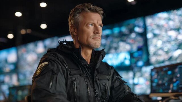 High-ranking surveillance officer coordinating military operation via wall of interactive monitors, dramatic lighting and focused expression capturing intensity