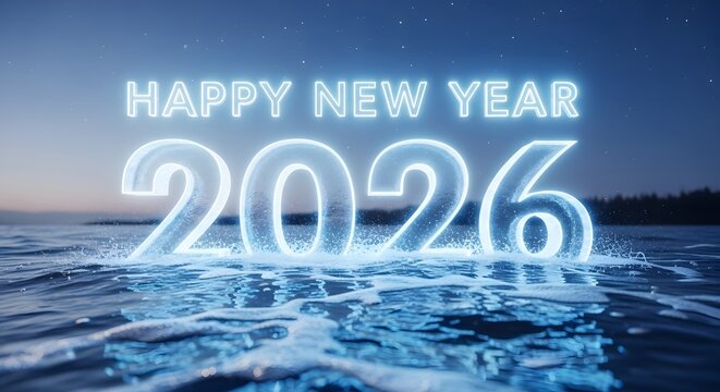 Glowing neon blue happy new year 2026 text and numbers emerging from rippling water under a starry night sky
