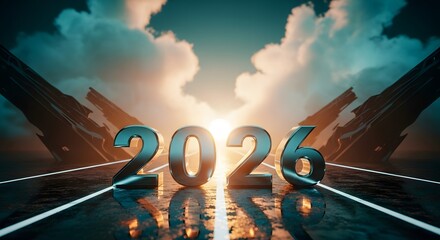 Symbolic 2026 numerals emerge from a dramatic stormy sky illuminating a reflective road leading towards a bright future and new beginnings