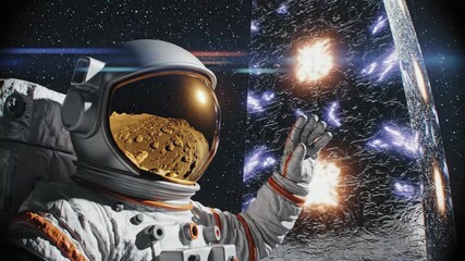 Astronaut wearing a space suit standing on an extraterrestrial lunar landscape, observing a glowing, mysterious alien monolith under a starry dark sky