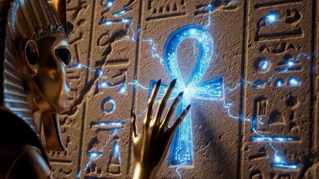 Golden egyptian pharaoh figure with black eyes and pointed crown reaching out a slender hand with long dark nails to touch an engraved ankh symbol on a weathered stone wall covered in hieroglyphs