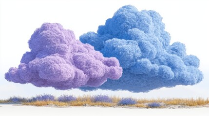 Two fluffy, pastel clouds over a field