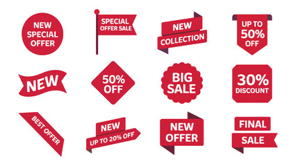 Collection of red sale stickers with various discounts, including 50%, 30%, and 20% off, for advertising and promotion