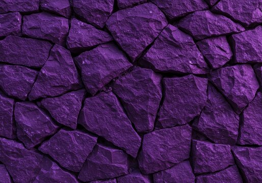 A richly textured abstract surface featuring rough, jagged purple stones forming a solid, uneven wall background ,rock, construction, geological