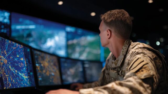 Joint military-intelligence officer scanning multiple monitors displaying heat maps, tracking data, and encrypted communications in control room