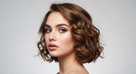 Fototapeta premium Portrait of a beautiful woman with wavy brown hair and blue eyes looking at the camera against a neutral background in a beauty and fashion style shot