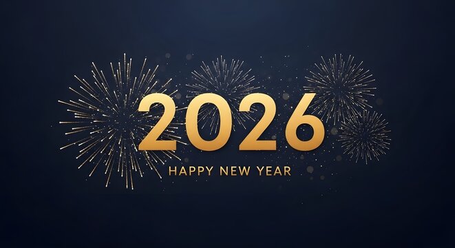 Golden 2026 numbers with sparkling fireworks and happy new year text on a dark blue background celebrating the upcoming year