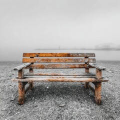 Empty weathered bench on a misty shore