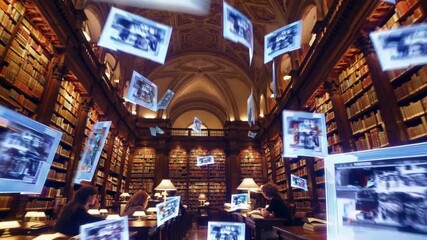 Historic library flooded with floating screens showing holographic archives, researchers and students exploring ai-driven projections among towering bookshelves and vaulted ceilings, warm lamp light, - Powered by Adobe