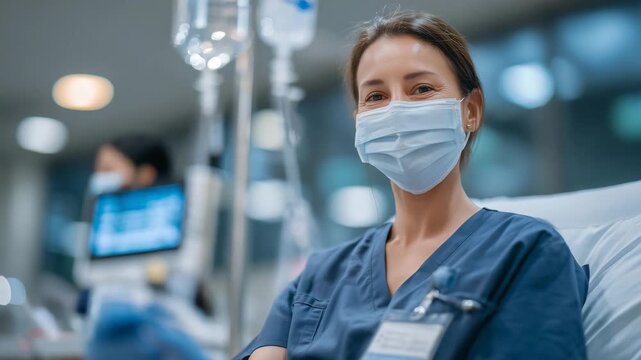 Medical technician in scrubs precisely managing IV drip system, serene sterile hospital room atmosphere evoking recovery and trust