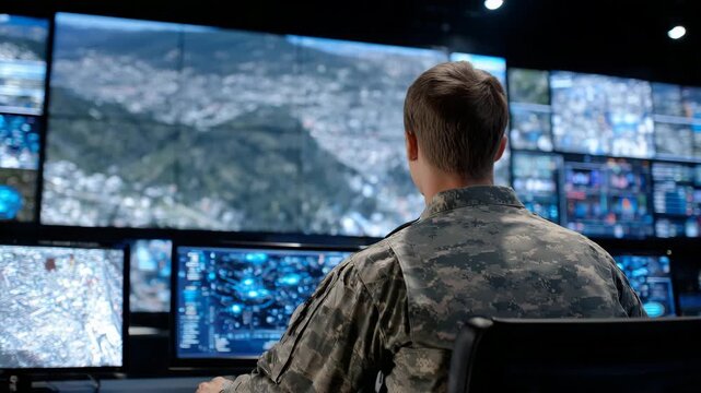 Military and intelligence operative reviewing satellite imagery and live drone feeds on large wall of monitors, modern control room filled with holographic displays