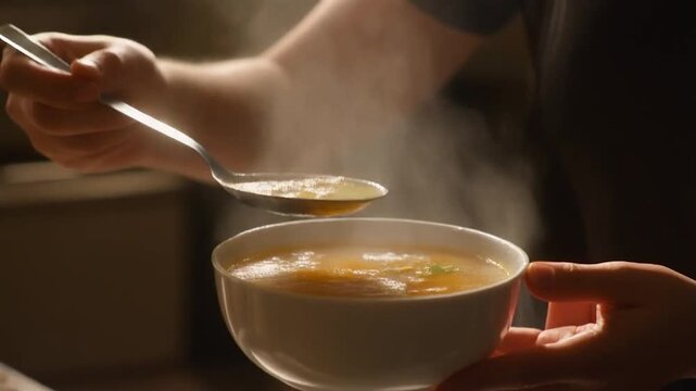 Steaming hot savory liquid being carefully transferred from metal utensil into white ceramic bowl
