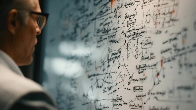 Ultra HD A focused scientist in a lab coat meticulously analyzes complex diagrams and formulas scrawled on a whiteboard, deep in thought as he seeks breakthroughs in his research