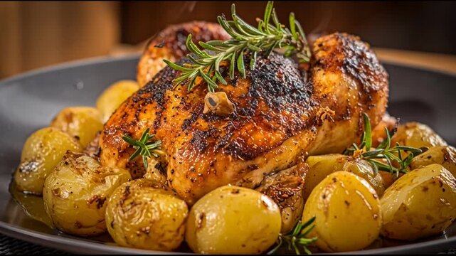 Roasted Chicken With Garlic Potatoes Golden Tones