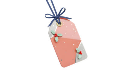 Pink gift tag with ribbon isolated on transparent background