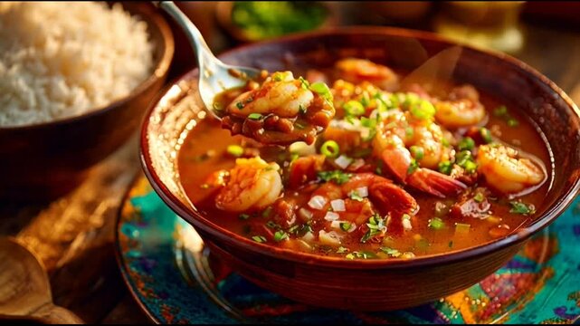 Seafood Gumbo Served With Rice Warm Colors