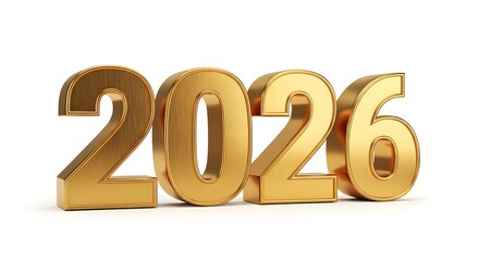 Shiny golden metallic numbers spelling out the year 2026 isolated on a clean white background for celebrations and future concepts