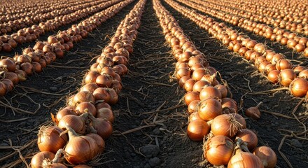Large clusters of freshly harvested brown onions drying naturally in neat rows on fertile brown farm soil after a successful agricultural yield, garden, bulb, harvest