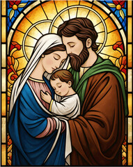 Holy Family Stained Glass Illustration with Jesus Mary and Joseph in Warm Light Religious Christian Artwork Sacred Family Icon Design