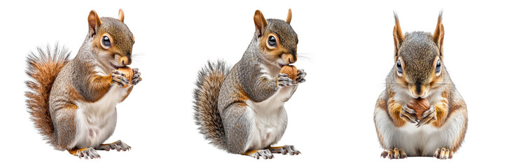Obraz premium Three cute squirrels in different poses, each holding a nut and enjoying it