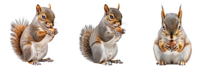 Three cute squirrels in different poses, each holding a nut and enjoying it