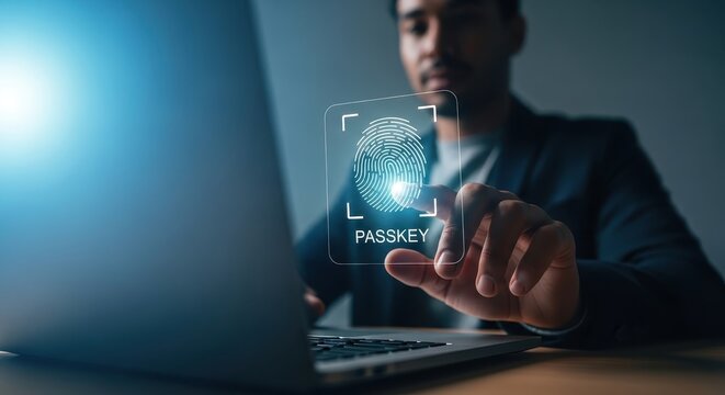 A professional authenticates his digital identity with a futuristic passkey system, using a holographic fingerprint scanner for cybersecurity