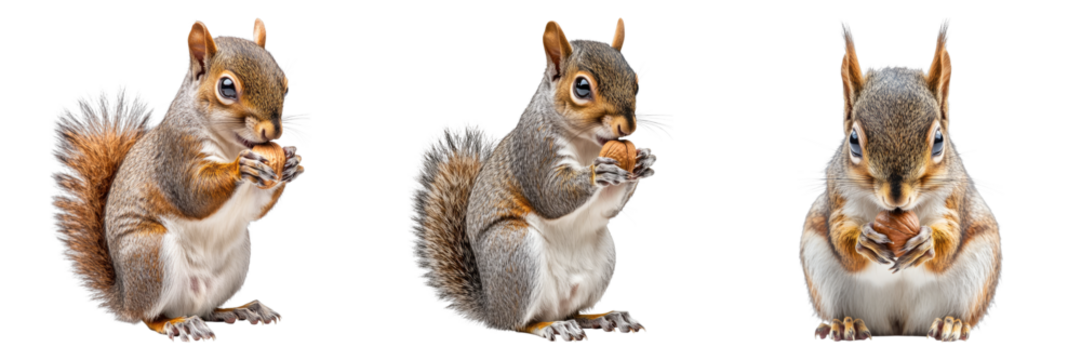 Three cute squirrels in different poses, each holding a nut and enjoying it