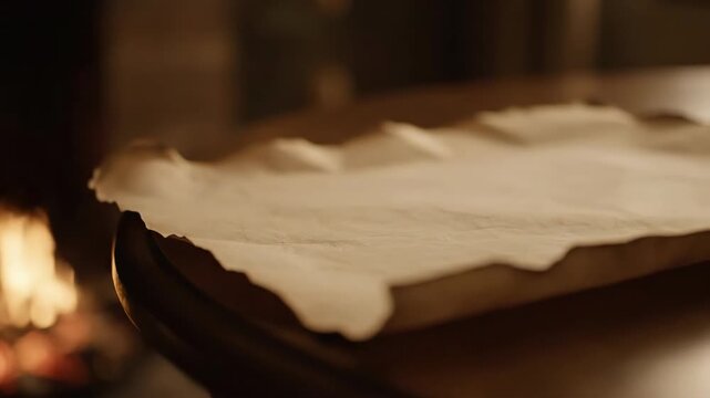 Close-up of baking sheet near burning fireplace, warm interior