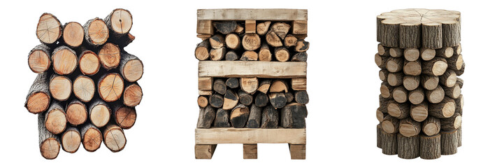 Three distinct stacks of neatly arranged firewood, each showcasing a unique pattern and style. The image highlights the natural textures and the visual appeal of the wood