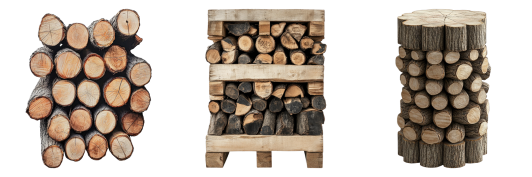 Three distinct stacks of neatly arranged firewood, each showcasing a unique pattern and style. The image highlights the natural textures and the visual appeal of the wood