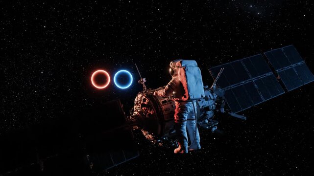 Astronaut performing a spacewalk while inspecting a futuristic spacecraft with large solar panels, illuminated by glowing red and blue neon rings against a dark, star-filled cosmos - Powered by Adobe