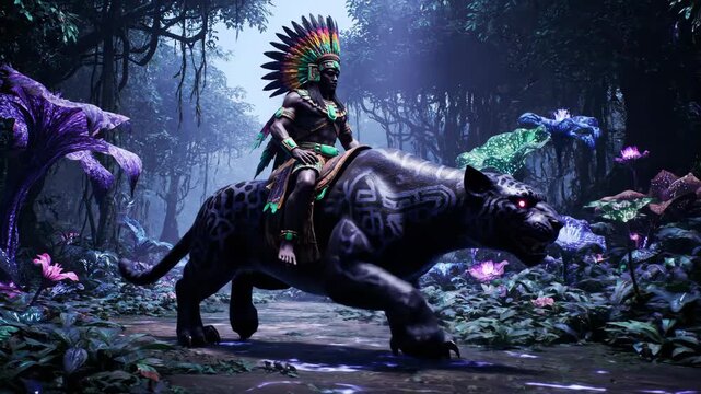 Aztec warrior in a feathered headdress rides a fierce jaguar with glowing red eyes through a bioluminescent, mystical jungle, evoking power, adventure, and ancient myth